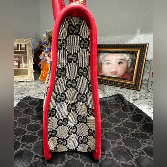 GUCCI MONOGRAM CANVAS MINI BAG W Red LEATHER DUAL HANDLES - Picture 5 of 15